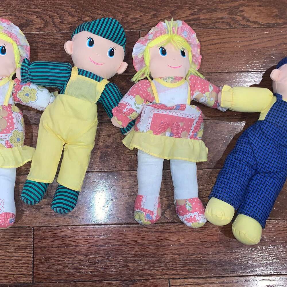 Vintage Cloth Rag Dolls Lot of 4‎ – Farm Couple Set, Boy & Girl Pair, 12”
